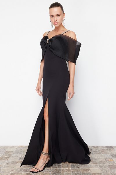 Trendyol Collection Μαύρη πέτρα Λεπτομερές υφαντό μακρύ κομψό βραδινό φόρεμα & φόρεμα επιστροφής στο σπίτι TPRSS24AE00184