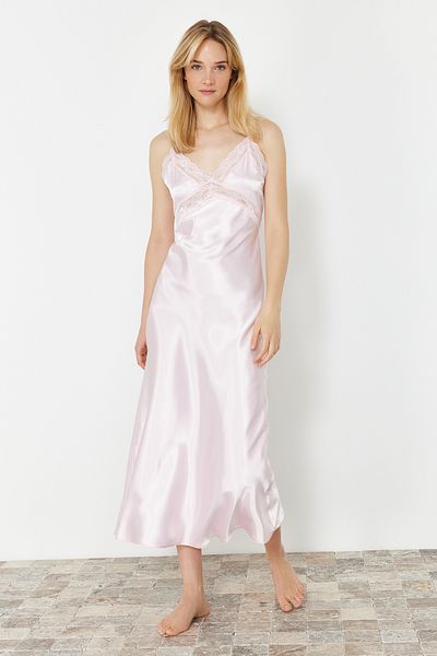 Trendyol Collection Nachthemd aus rosa Spitze und Satingewebe – Kordelriemen, Detail auf der Rückseite THMSS24GC00003