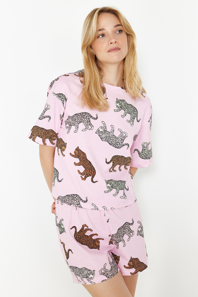 Trendyol Collection Női pár/pár többszínű 100% pamut tigris mintás kötött pizsama szett rövidnadrággal THMSS24PT00078