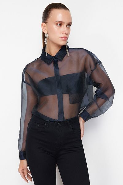 Trendyol Collection Sötétkék organza szőtt termény ing - átlátszó, TPRSS24GO00006