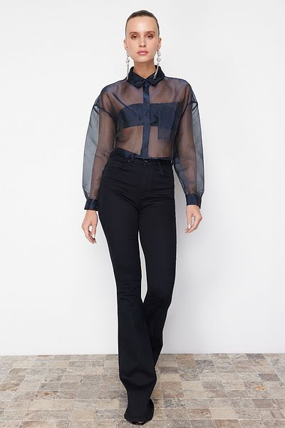 Trendyol Collection Sötétkék organza szőtt termény ing - átlátszó, TPRSS24GO00006