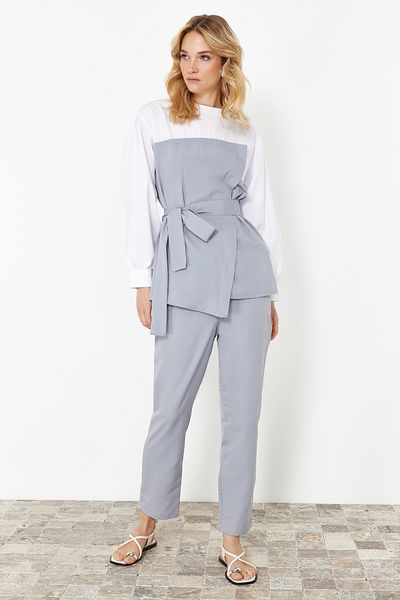 Trendyol Modest Cotton Woven Gray Block Set - Lower and Upper Set TCTSS24US00066