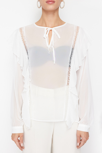 Trendyol Collection Ecru Chiffon Blouse with Lace Detail - Volute, Woven TPRSS24BZ00039