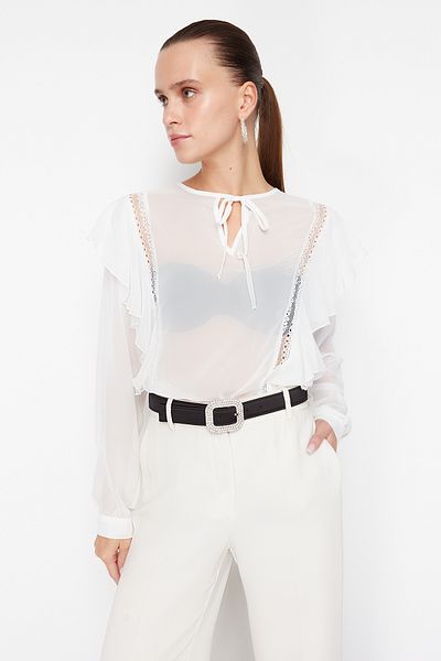 Trendyol Collection Ecru Chiffon Blouse with Lace Detail - Volute, Woven TPRSS24BZ00039