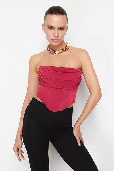 Trendyol Collection Fuchsiový pletený bustier - Crop korzet podrobný, podšitý TPRSS23BS00006