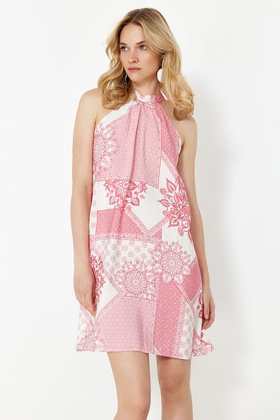 Trendyol Collection Pink Belted Floral Print A-line Halter Neck Mini Woven Dress TWOSS24EL00711