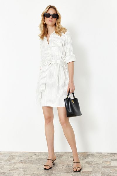 Trendyol Collection Ekrü öves csíkos mini szövött ruha TWOSS24EL00857