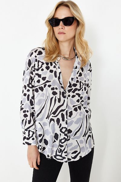 Trendyol Collection Oversize Ecru Patterned Satin Shirt - Wide Fit, Woven, TWOSS24GO00210