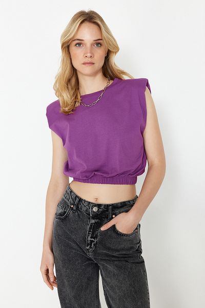 Trendyol Collection Fialová 100% bavlna vycpaná Crop Crew Crew Neck Pletené tričko TWOSS21TS0379