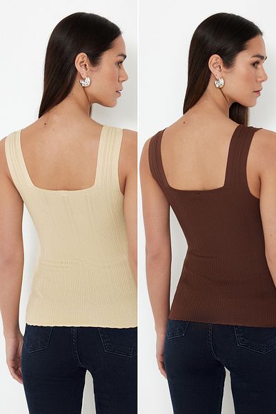 Trendyol Collection Stone-Brown Basic Double Pack Top Knitwear Thin Blouse TWOSS24BZ00623
