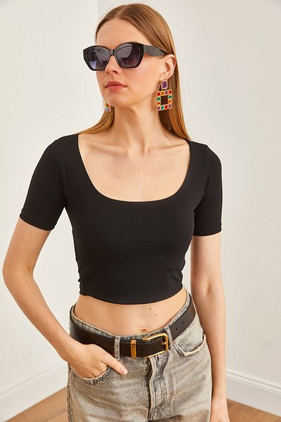 Olalook Tricou negru din bumbac Lycra cu două straturi pentru femei - TSH-19000818