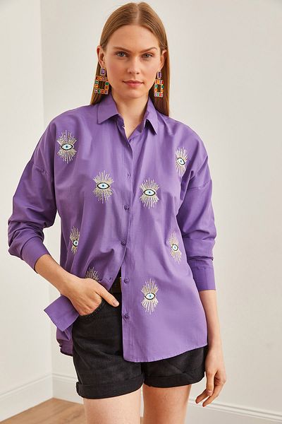 Olalook Lilafarbenes Boyfriend-Shirt mit Pailletten für Damen - gewebt GML-19000992
