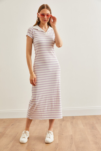 Olalook Lilac Polo Collar Striped Lycra Women's Dress - ELB-19002045