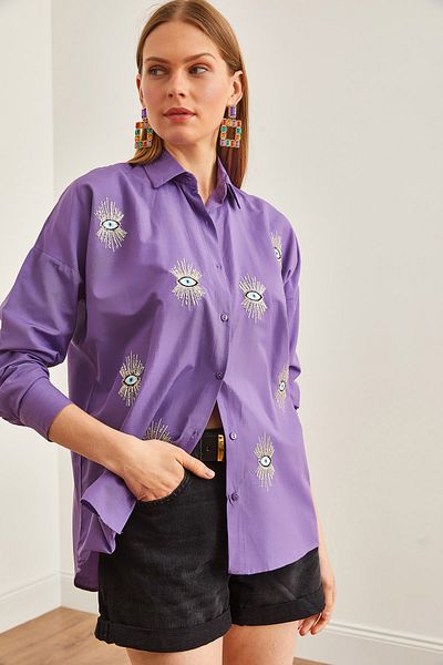 Olalook Lilafarbenes Boyfriend-Shirt mit Pailletten für Damen - gewebt GML-19000992