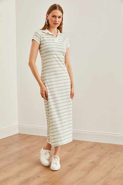 Olalook Γυναικείο ριγέ φόρεμα Water Green Polo Collar - Lycra ELB-19002045
