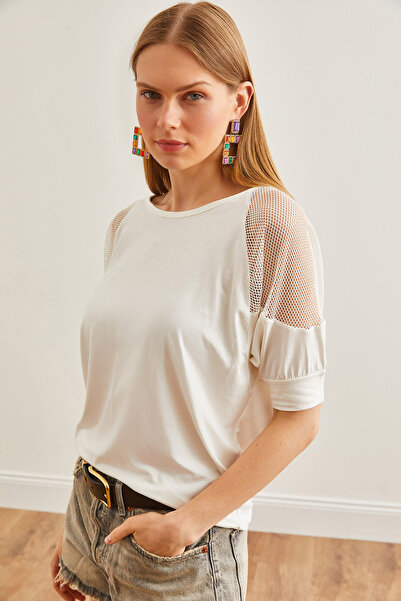 Olalook Εκρού γυναικεία μπλούζα τριών τετάρτων με μανίκια - Διχτυωτό BLZ-19002649
