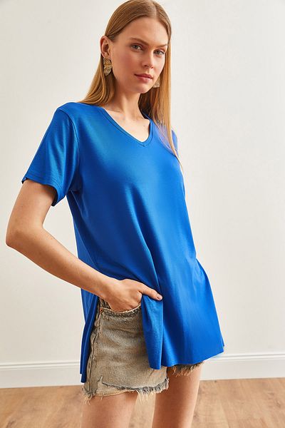 Olalook Saks Blue V-Neck Slit Women's T-Shirt - TSH-19000582