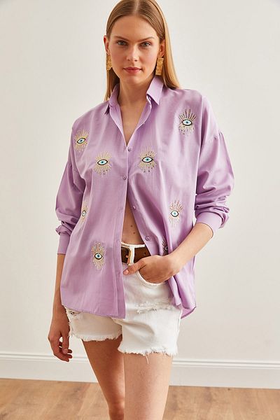 Olalook Lilac Sequined Women's Woven Boyfriend Shirt - GML-19000992