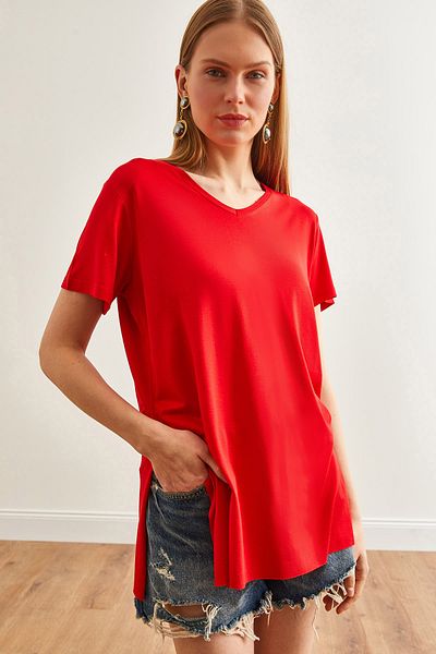 Olalook Rotes Damen-T-Shirt mit V-Ausschnitt und Schlitz - TSH-19000582