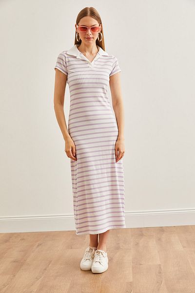 Olalook Lilac Polo Collar Striped Lycra Women's Dress - ELB-19002045
