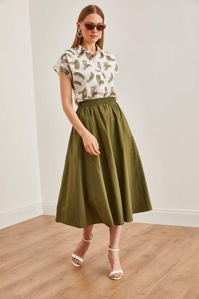 Olalook Fustă Kaki midi Bell - buzunare și elastice în talie, ETK-19000271