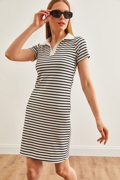 Olalook Ecru Polo Collar Striped Mini Dress - Lycra, ELB-19002173