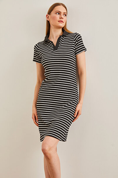 Olalook Black Polo Collar Striped Mini Dress - Lycra, ELB-19002173