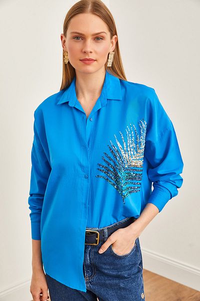 Olalook Cămașă oversize pentru damă, albastru cu palmier, țesut din poplin GML-19001016