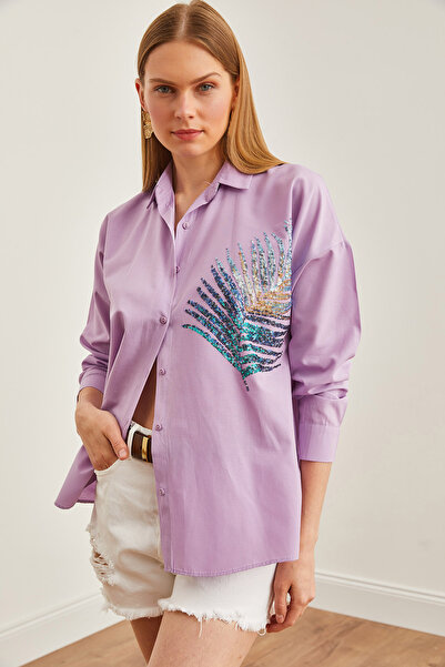 Olalook Kadın Lila Palmiye Pul Detaylı Oversize Dokuma Poplin Gömlek GML-19001016