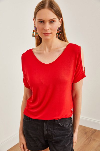 Olalook Rote Viskose-Strickbluse – V-Ausschnitt, tiefe Schulter, BLZ-19002291