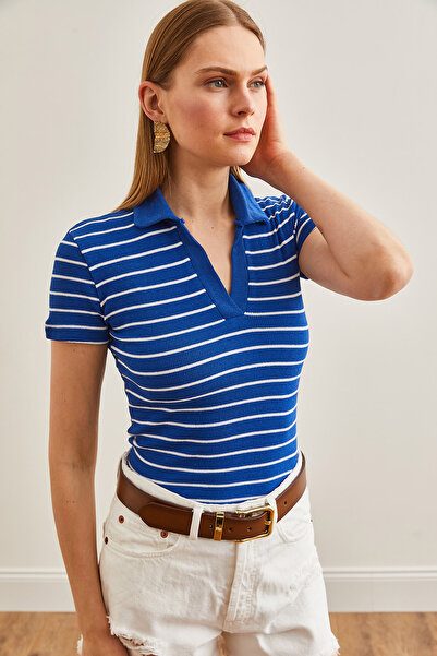 Olalook Жіноча блузка з коміром-поло в смужку Saks Blue BLZ19002563