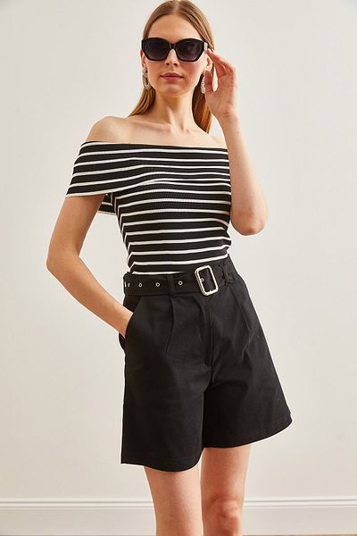 Olalook Black Gabardine Bermuda Shorts - Belt and Pocket, Cotton SHIRT-19000052