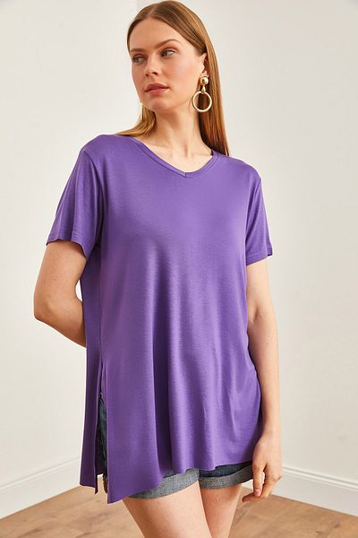 Olalook Tricou casual violet cu decolteu în V - TSH-19000582