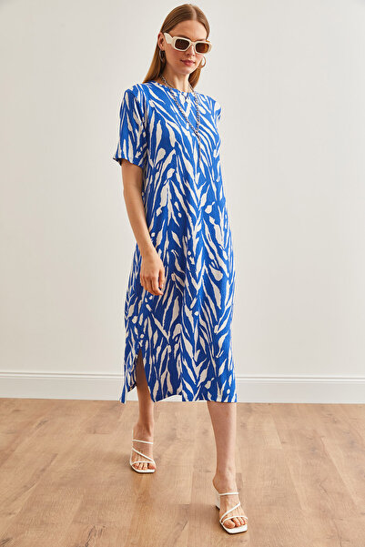 Olalook Dámské oversize šaty Leaf Blue s bočním rozparkem ELB- 19001880