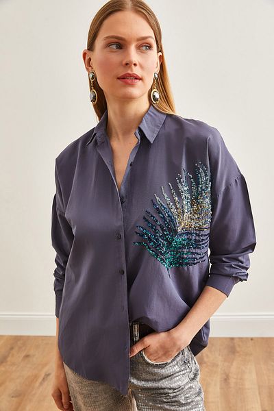 Olalook Dámská košile oversize v antracitové dlani – popelínová, GML-19001016