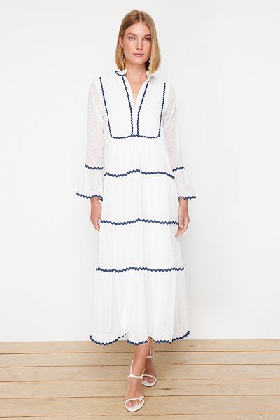 Trendyol Modest Φόρεμα Pompom Chiffon Ecru Textured - TCTSS24EB00201