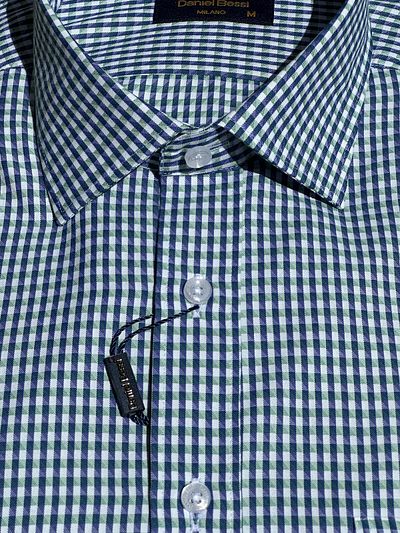 Daniel Bessi Men's Shirt - Regular Fit, Gingham, Short Sleeve, Classic Pocket