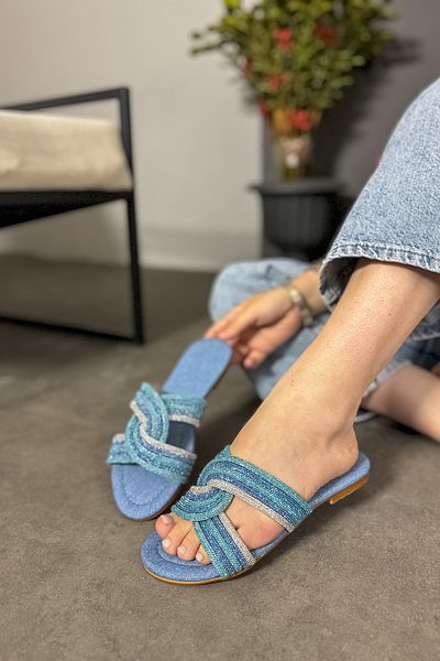SHOEBELLAS Papuci de damă Eleta - Detaliați albastru și iederă