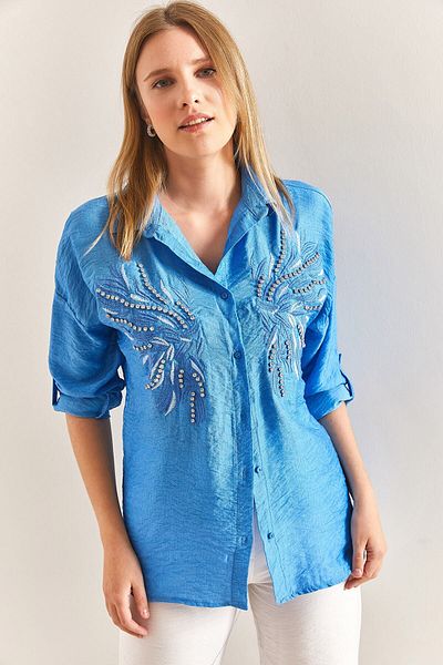 ubmbutik Cămașă de damă din in brodat cu piatră și cu model