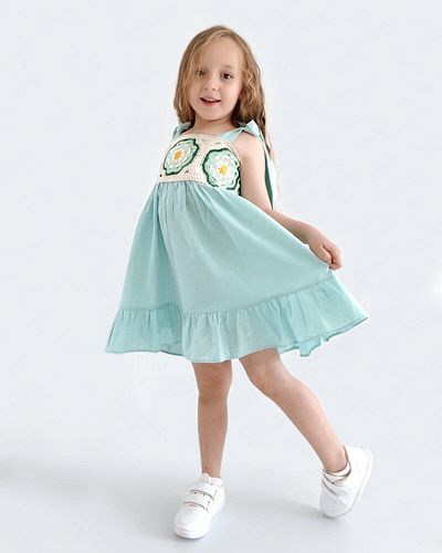 le petit sole Linen Girl's Dress - Knitted Detail