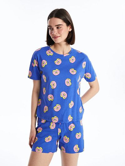 LC Waikiki LCW Young Women - Set de pijamale cu mânecă scurtă cu imprimeu cu gâtul pentru ciclism