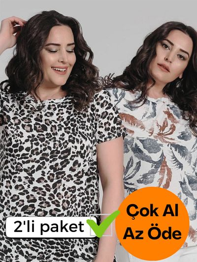 Seamoda Τυπωμένο Basic Plus Size Γυναικείο Μπλουζάκι Casual καθημερινής χρήσης Μοντέλο Διπλό Πακέτο-εκρού