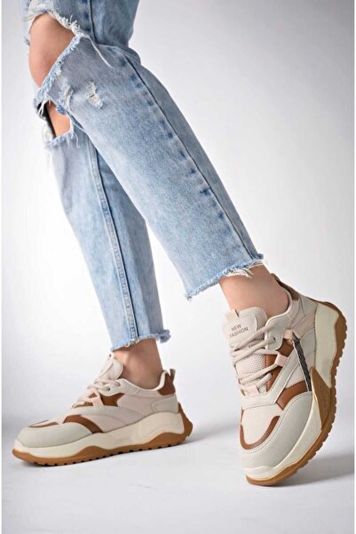 Eray Kadın comfort taban rahat bej,kahve renk detaylı sneaker spor ayakkabı