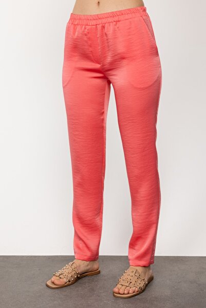 Ekol Salmon Colored Women's Satin Trousers 1176