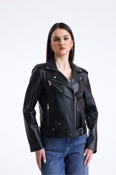 LİDYA DERİ Rachel Women's Biker Mobile Belt Leather Jacket