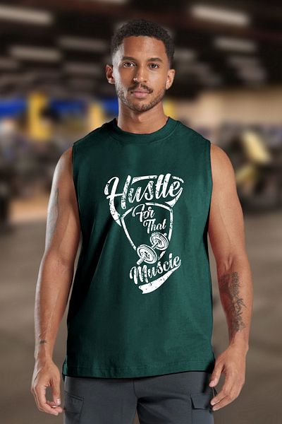 BESSA Men's Hustle Muscle - Petrol Printed Oversize Crew Neck Sleeveless Cotton T-shirt