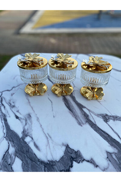 Mira züccaciye 3'lı Gold Ayaklı Şık Tasarımlı Elysıa Cam Şekerlik, Çerezlik, Lokumluk, Sunumluk  Ve Kelebekli Kapak