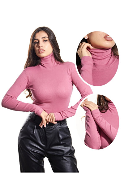 ALYA UNDERWEAR Kaşkorse Tam Boğazlı Body Sweatshirt, Fitilli Kumaş, Likralı, Gül Kurusu