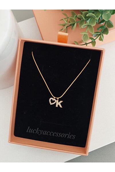 LUCKY ACCESSORIES Çelik Zirkon Taşlı Harf ve Kalp Kolye K Harfi