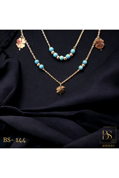 BS JEWELRY قلادة من الفولاذ على شكل البرسيم الحجري الأزرق - Bs-144